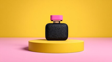 Stylish Black Perfume Bottle on Colorful Background