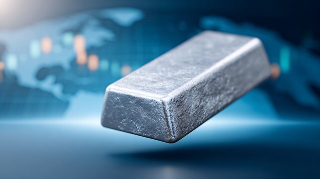 Silver Bar Floating Above Digital World Map with Financial Data