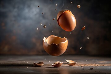 Brown egg levitating, cracked shell pieces falling, dark background
