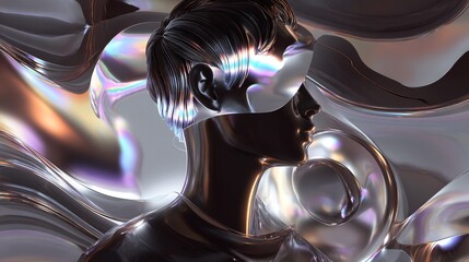 Abstract portrait of a reflective figure with holographic elements