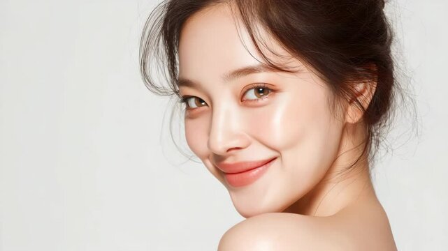 close up pretty radian facial skin young Asian woman with light make up with bright light , on white background, 