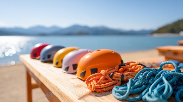 Colorful sport helmets and climbing ropes arranged on a wooden table by a tranquil lake with mountains in the background, adventure sports rental concept of outdoor activities - Powered by Adobe