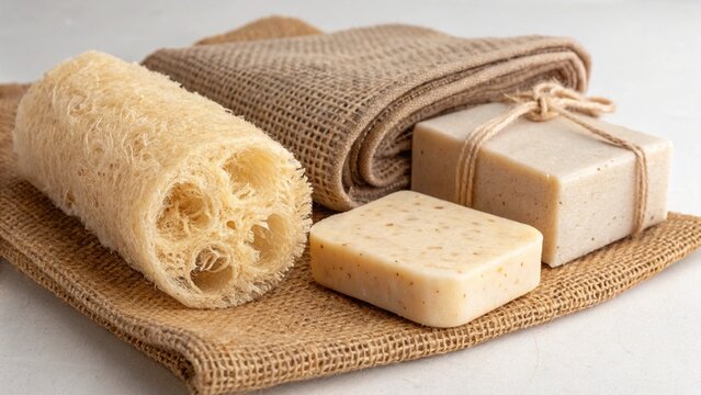 Luxurious Spa Set Natural Loofah, Handmade Soap, and Burlap Towel