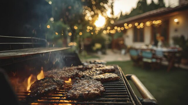 Meat cooking on barbecue grill with backyard lights at twilight