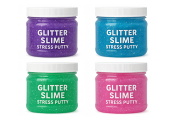Four jars of glitter slime stress putty on transparent background