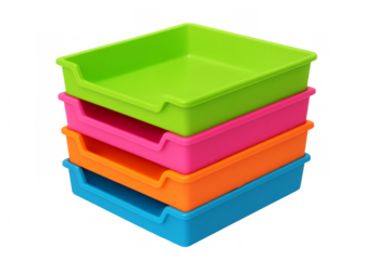 Four colorful stacked trays on transparent background