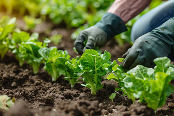 Farmer planting young seedlings of lettuce salad in the vegetable garden 