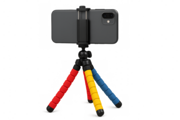 Modern smartphone standing on a colorful flexible tripod with transparent background