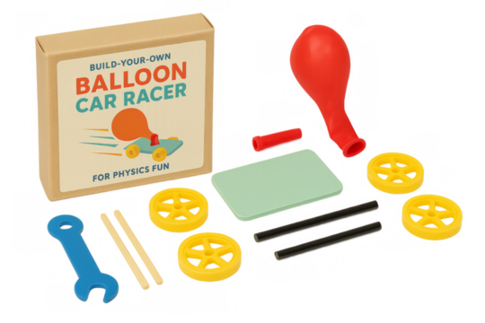 Balloon car racer kit exploding with physics fun on transparent background