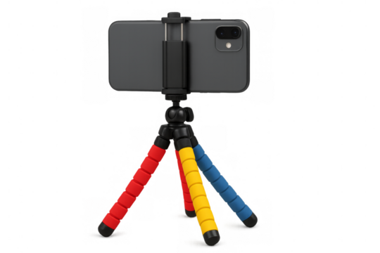 Modern smartphone standing on a colorful flexible tripod with transparent background