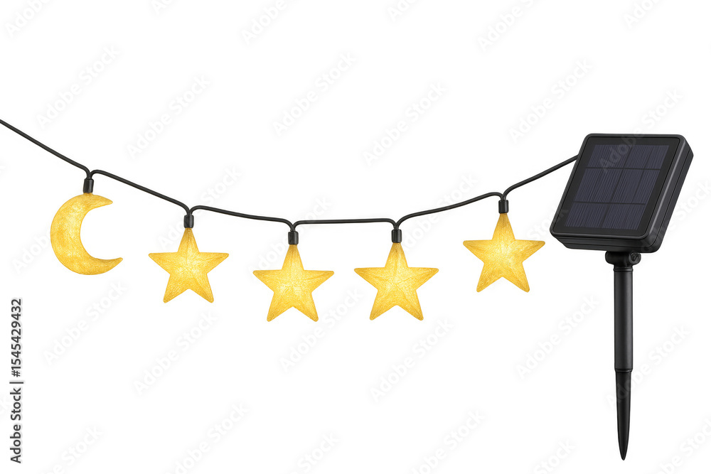 Poster solar powered string lights with star and moon shaped bulbs on transparent background