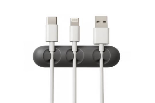 Three charging cables organized with a gray cable organizer on transparent background