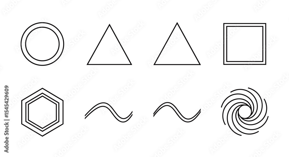 Poster vector geometric shapes arrangement featuring oval triangles rectangle hexagon and wavy spiral line 