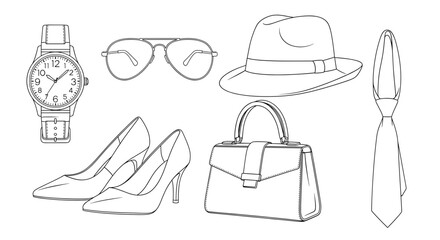 Vector illustration showing wristwatch, sunglasses, hat, heels, handbag, and necktie fashion items