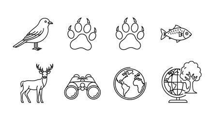 Vector line art illustration featuring wildlife elements such as a bird deer and fish and earth globe icon