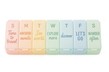 Weekly pill organizer showing days of the week and travel related messages promoting exploration and adventure