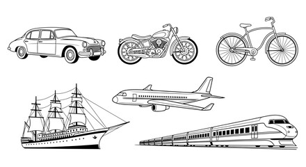 Vector outlined transportation methods including a car, motorcycle, bicycle, ship, plane, and train illustrated