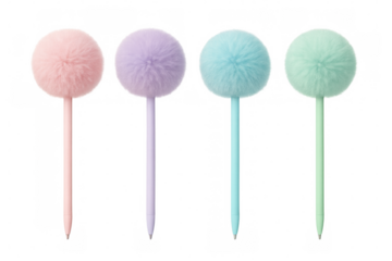 Four fluffy pastel ballpoint pens on transparent background