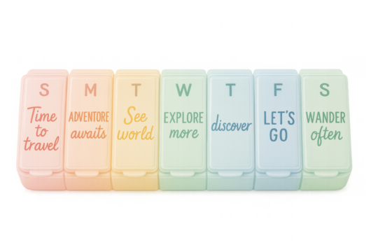 Weekly pill organizer showing days of the week and travel related messages promoting exploration and adventure