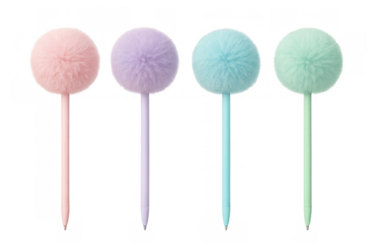 Four fluffy pastel ballpoint pens on transparent background