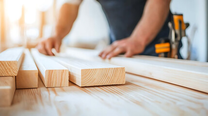 Woodworker crafting lumber with precision. Close-up on textured boards, showcasing woodworking skills and attention to detail. Crafting new furniture concept.