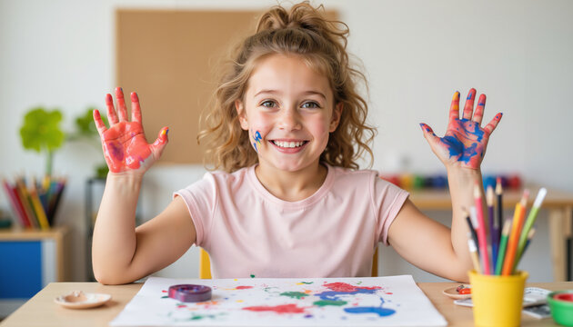 Smiling girl with painted hands enjoying art activity at table