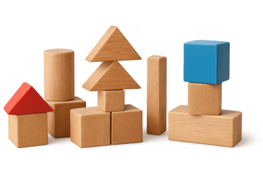 Colorful wooden building blocks forming different shapes on transparent background