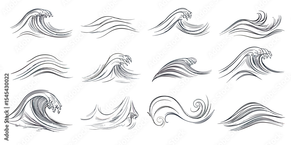 Poster hand drawn vector set of stylized ocean waves with curving flowing lines and motion splash elements 
