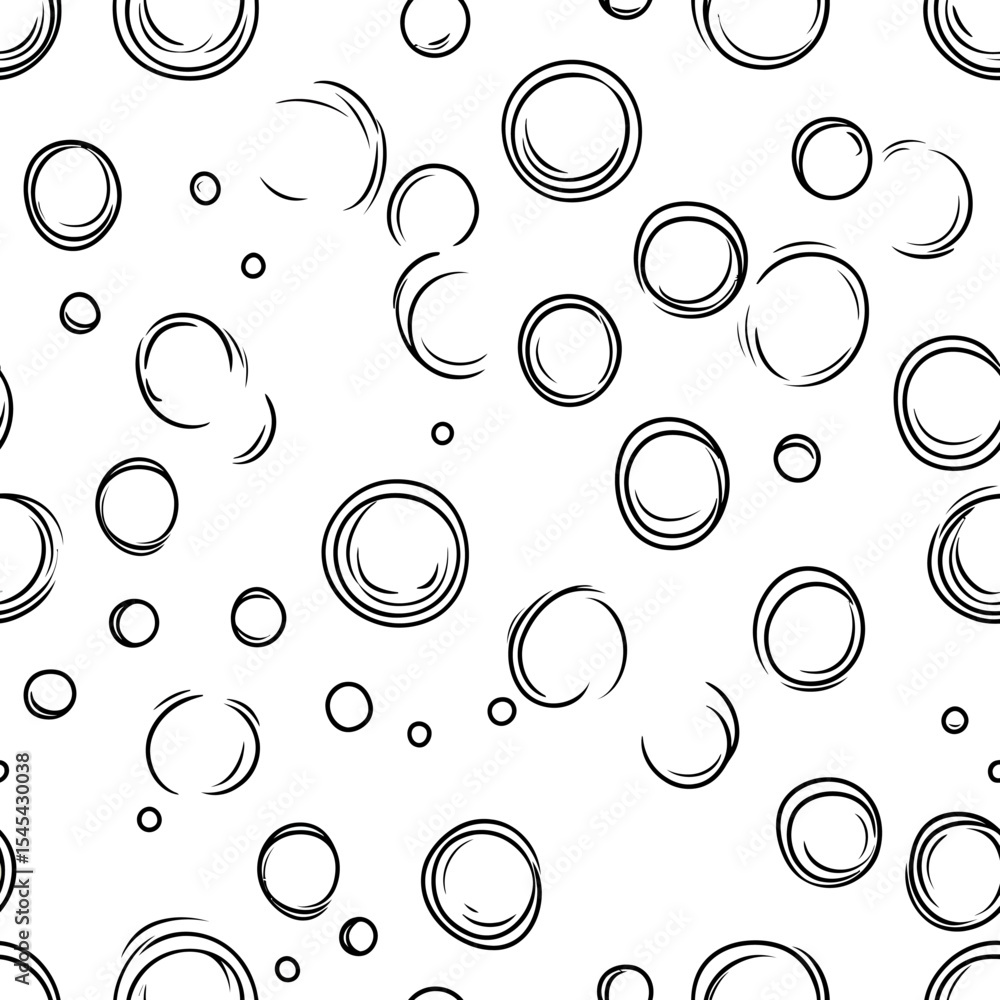 Poster seamless hand drawn black line bubble pattern with doodle water soap circles and sparkles on white b