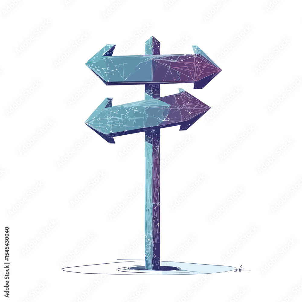 Poster abstract polygonal directional signpost with two arrows pointing left and right in low poly wirefram