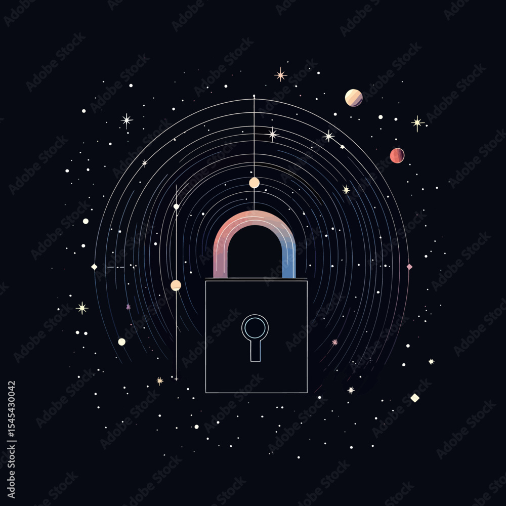 Poster abstract padlock with cosmic planets and stars orbiting in circular paths on dark space background, 
