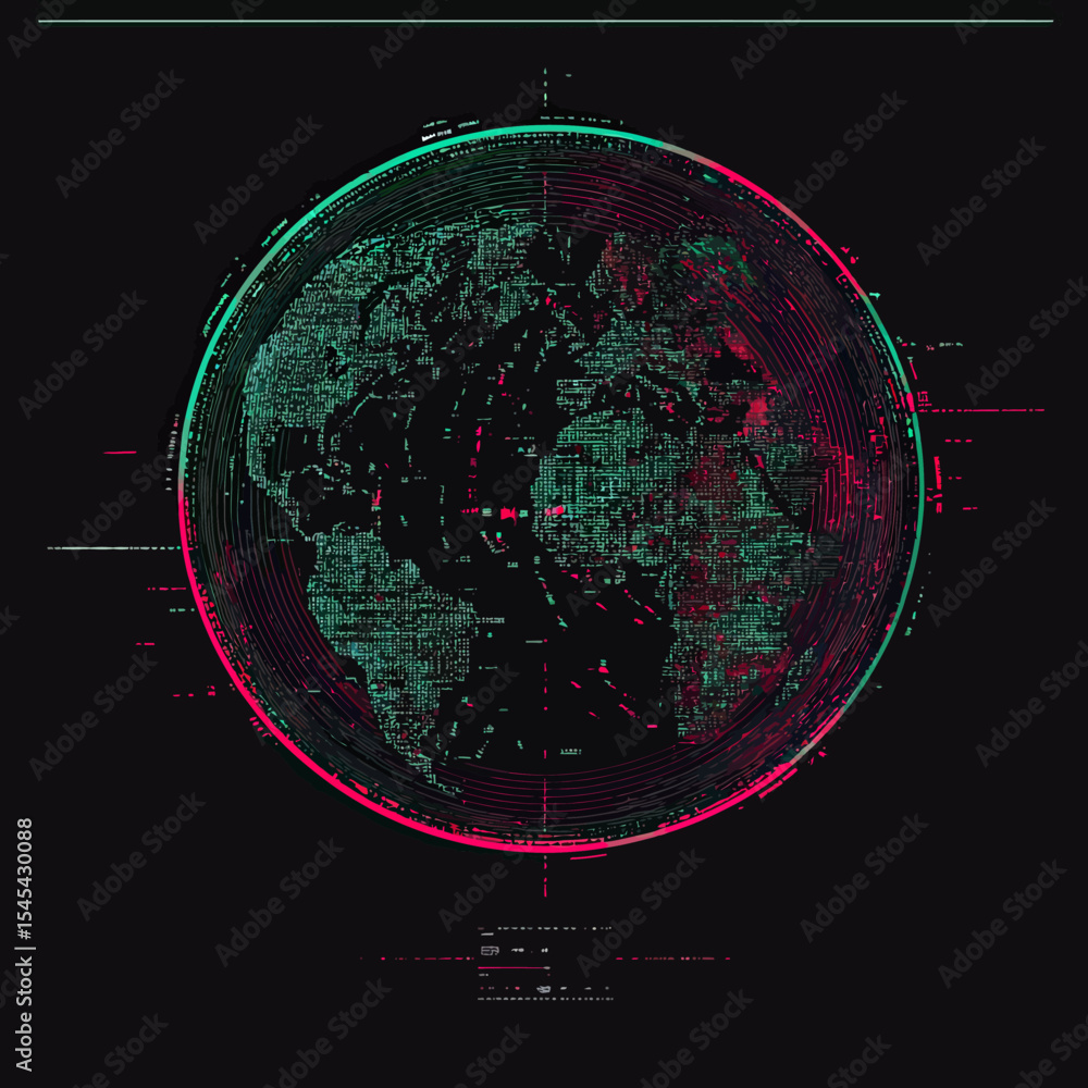 Poster digital glitch earth globe with red and green 3d anaglyph effect, technology network data visualizat