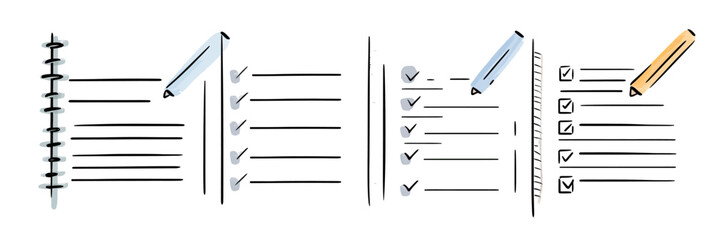 Hand drawn checklist planner with pencil and notebook pages crossing off tasks, doodle style task management concept illustration