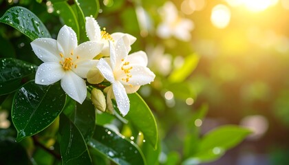 Fototapeta premium Dewy White Flowers with Sunny Garden.