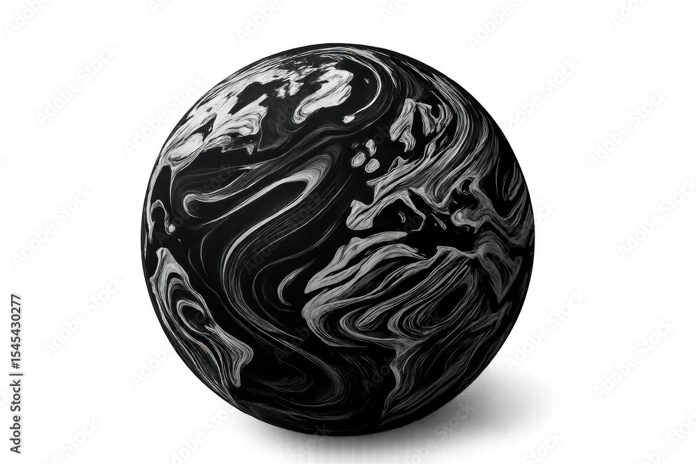 Poster swirling black and white patterns create a mesmerizing marble effect on a rotating sphere, isolated 