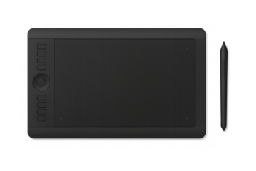 Black graphics tablet with pen on transparent background