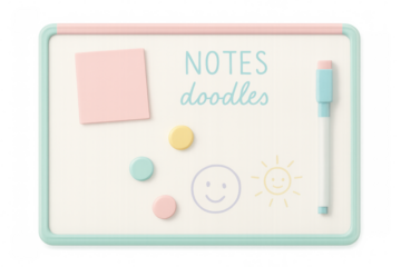 Whiteboard with notes, doodles, and magnets on transparent background