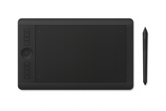Black graphics tablet with pen on transparent background