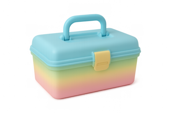 Colorful plastic storage box with handle on transparent background