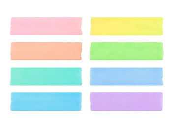 Set of eight colorful sticky notes with transparent background