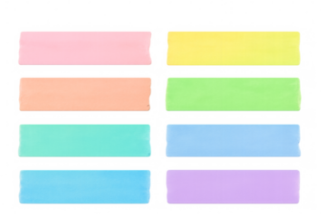 Set of eight colorful sticky notes with transparent background