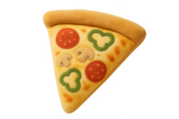 Delicious slice of plush pizza with pepperoni and mushrooms on transparent background