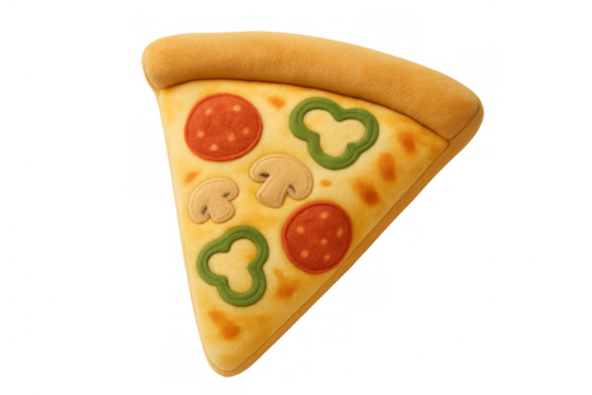 Delicious slice of plush pizza with pepperoni and mushrooms on transparent background
