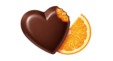 Heart-shaped chocolate praline with a bite revealing rich orange filling, alongside a fresh orange slice, perfect for Valentine's Day, confectionery promotions, dessert menus, romantic gifts,