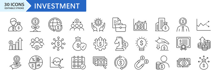 Investment line icon set. Included investment, profit, investor, mutual fund, risk management, economy, asset, financial gain, Inflation and more. Editable stroke. Vector illustration.