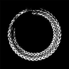 Grunge circle tire track, wheel braking mark. Truck, car or motorcycle tread pattern silhouettes. Auto race, motorsport, speed racing design element. Vector illustration