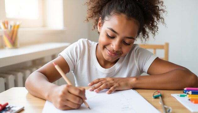 Young black girl smiling while writing on paper at home desk  