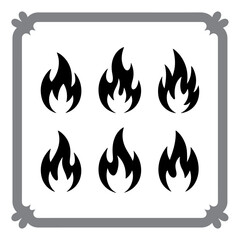 Vector fire icon set with burning flame signs and warning symbols