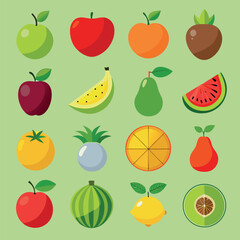 A vector grid of 12 black fruit silhouettes including apple, banana, grapes, pineapple, strawberry, and more. Ideal for food icons, labels, healthy eating, packaging, and nutrition design.