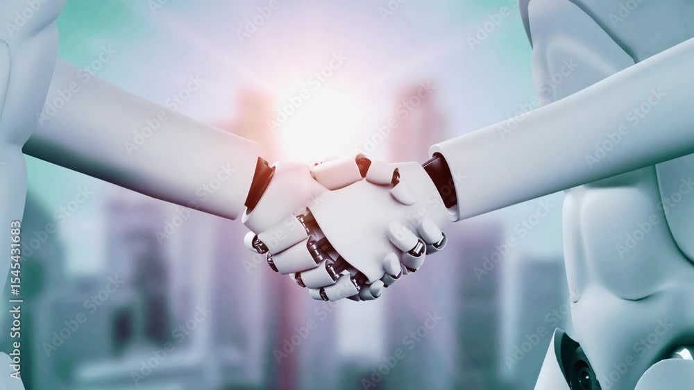 Poster 3d rendering hominoid robot handshake to collaborate future technology development by ai thinking br